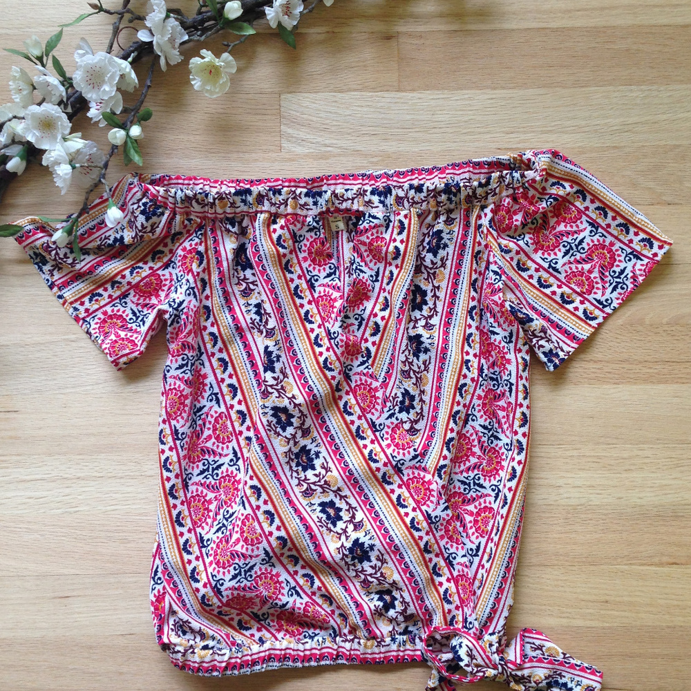 Monteau Off The Shoulder Tie Waist Print Blouse